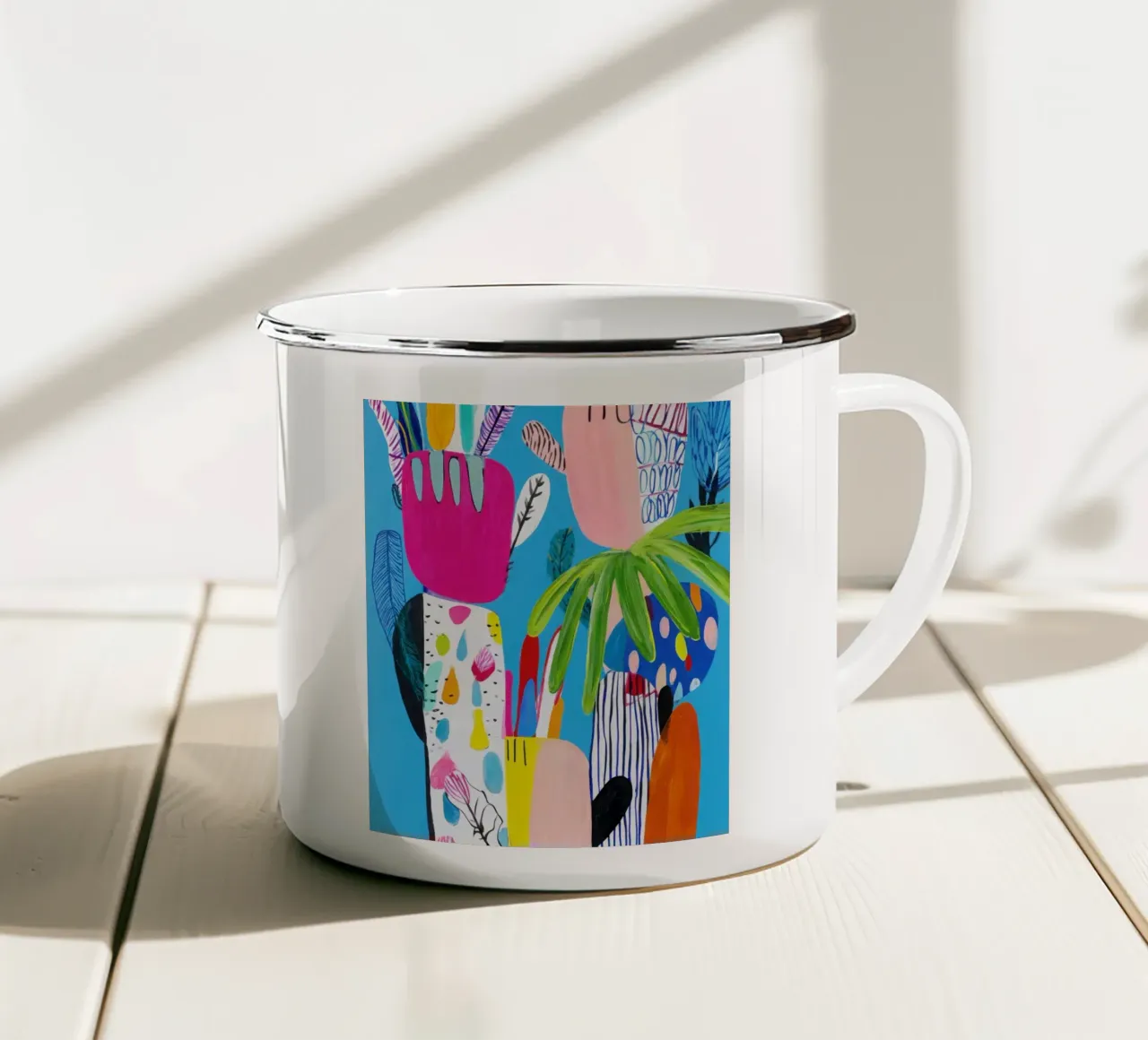 Speelse abstracte botanische muurkunst emaille mok van Artbyvo