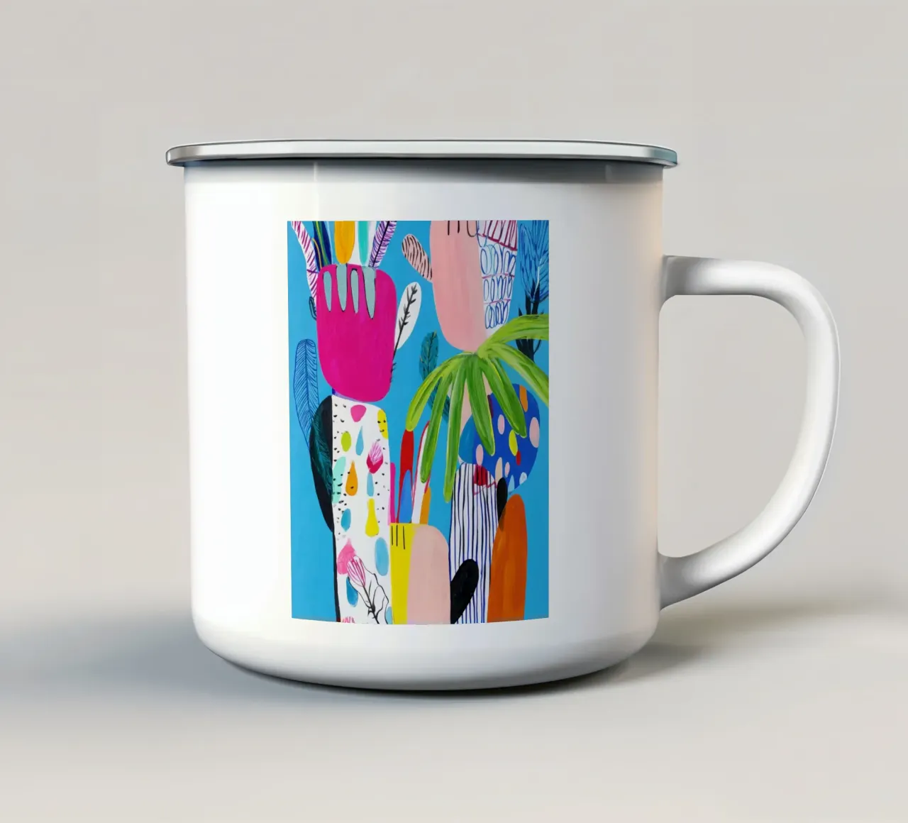 Speelse abstracte botanische muurkunst emaille mok van Artbyvo