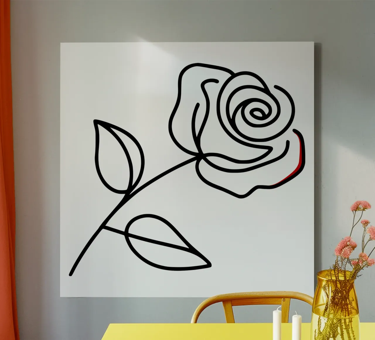 Minimalist curved rose with red colour accents canvas with Floater frame by Bold & Simple