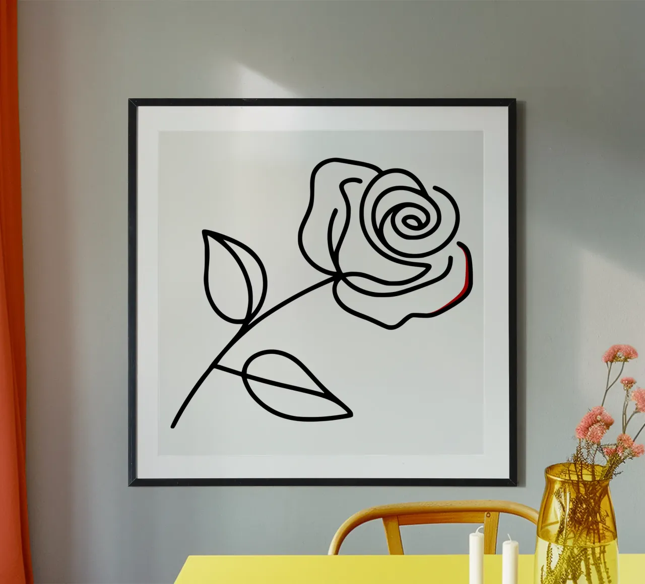 Rosa curvilinea minimalista con accenti di colore rosso poster con telaio in legno da Bold & Simple