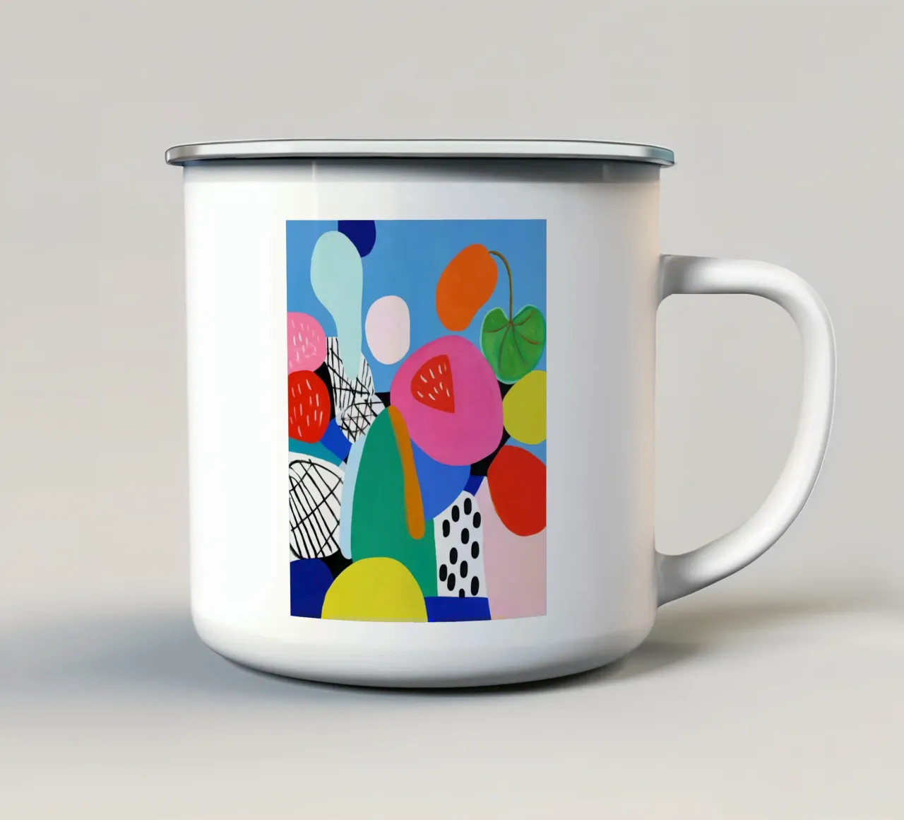 Arte murale con forme astratte e giocose tazza in smalto da Artbyvo