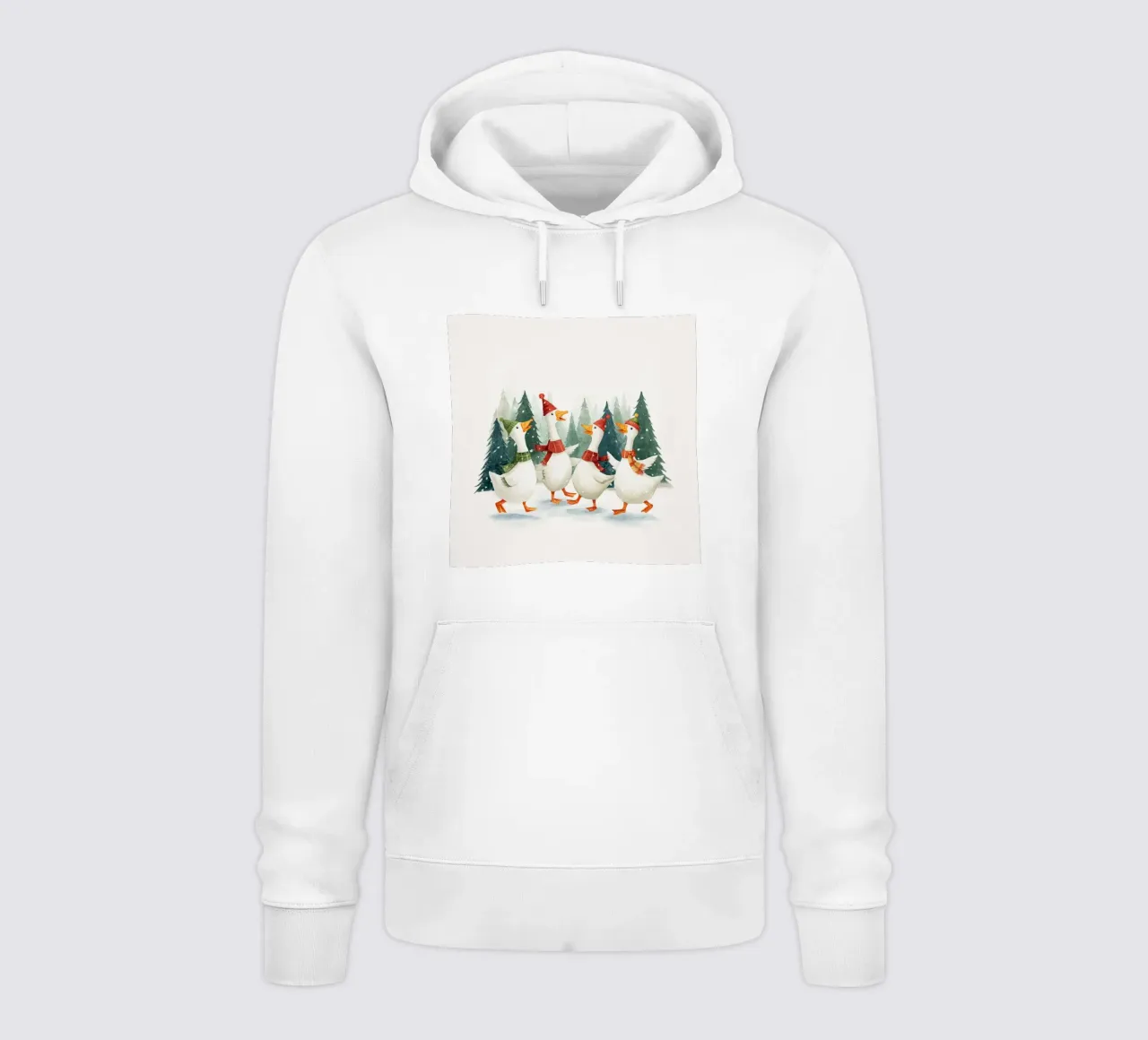 Quattro oche con cappelli e sciarpe che ballano in una foresta innevata felpa con cappuccio da Stilrausch