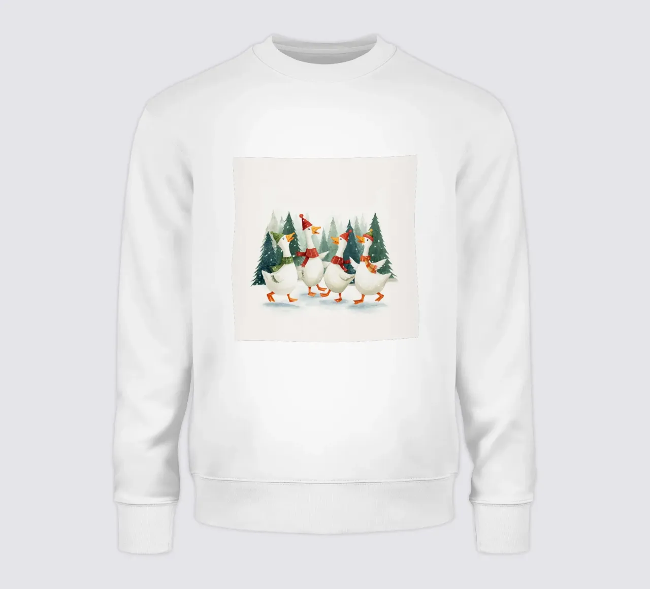 Quattro oche con cappelli e sciarpe che ballano in una foresta innevata felpa da Stilrausch