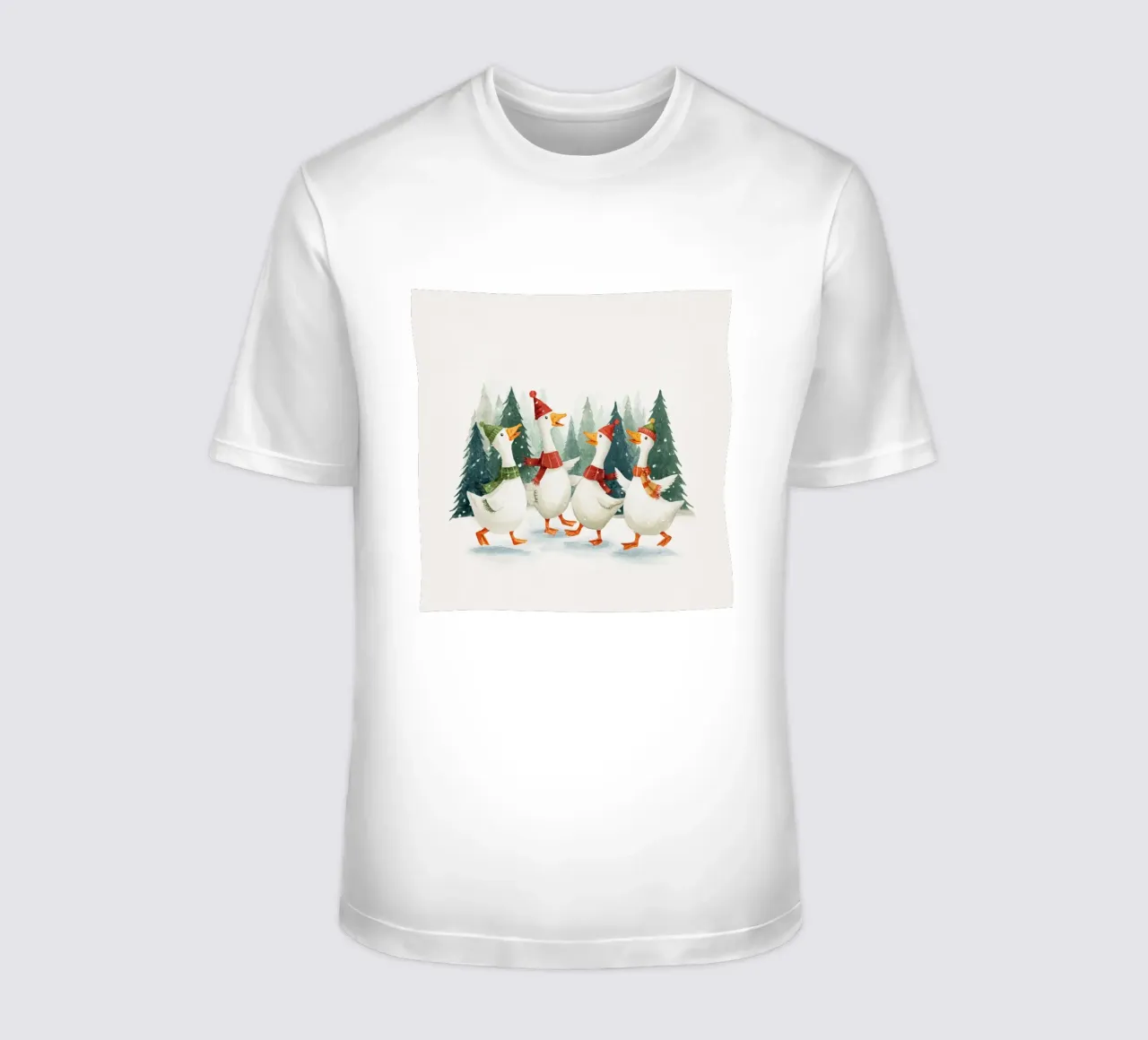 Quattro oche con cappelli e sciarpe che ballano in una foresta innevata t-shirt da Stilrausch