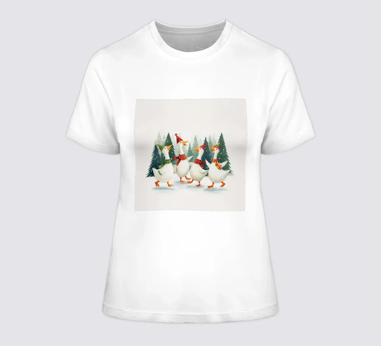 Quattro oche con cappelli e sciarpe che ballano in una foresta innevata t-shirt da donna da Stilrausch