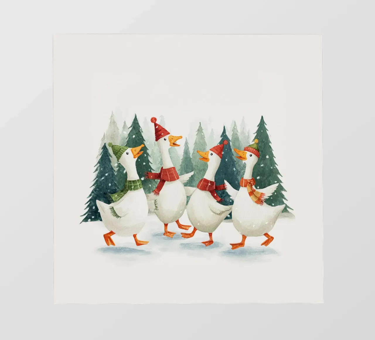 Quattro oche con cappelli e sciarpe che ballano in una foresta innevata pellicola backlit da Stilrausch