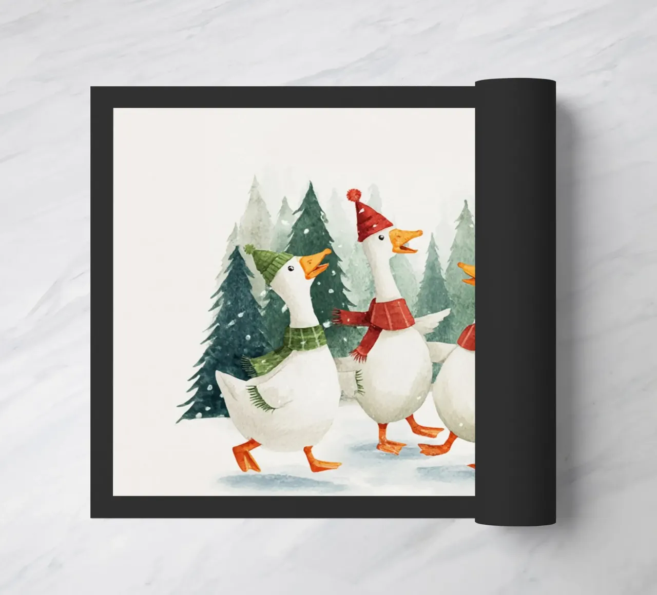 Quattro oche con cappelli e sciarpe che ballano in una foresta innevata zerbino da Stilrausch