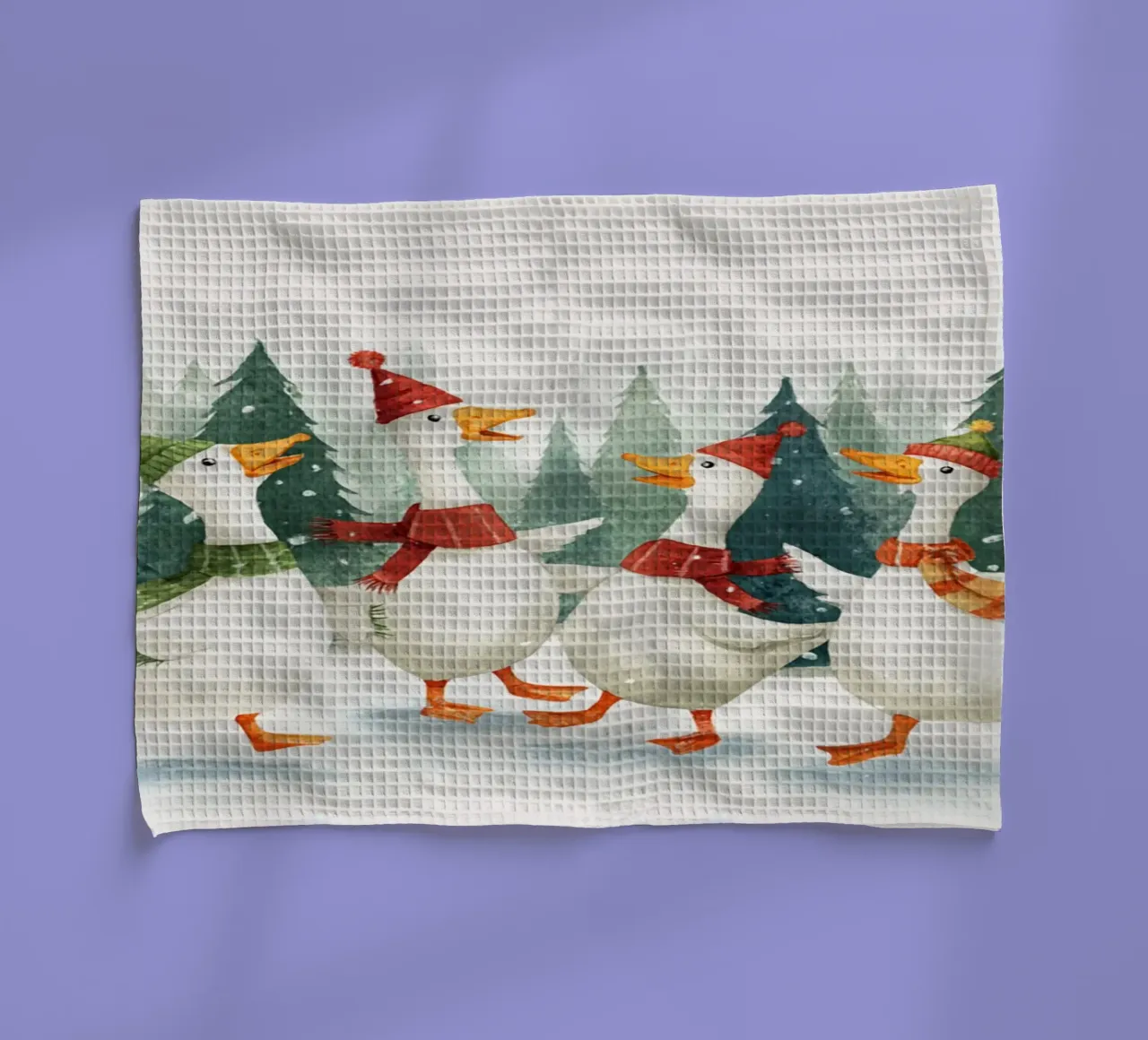 Quattro oche con cappelli e sciarpe che ballano in una foresta innevata canovaccio da cucina da Stilrausch