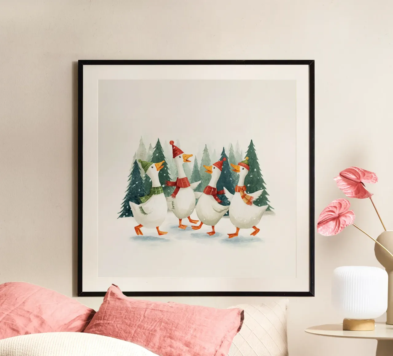 Quattro oche con cappelli e sciarpe che ballano in una foresta innevata carta hahnemühle da Stilrausch