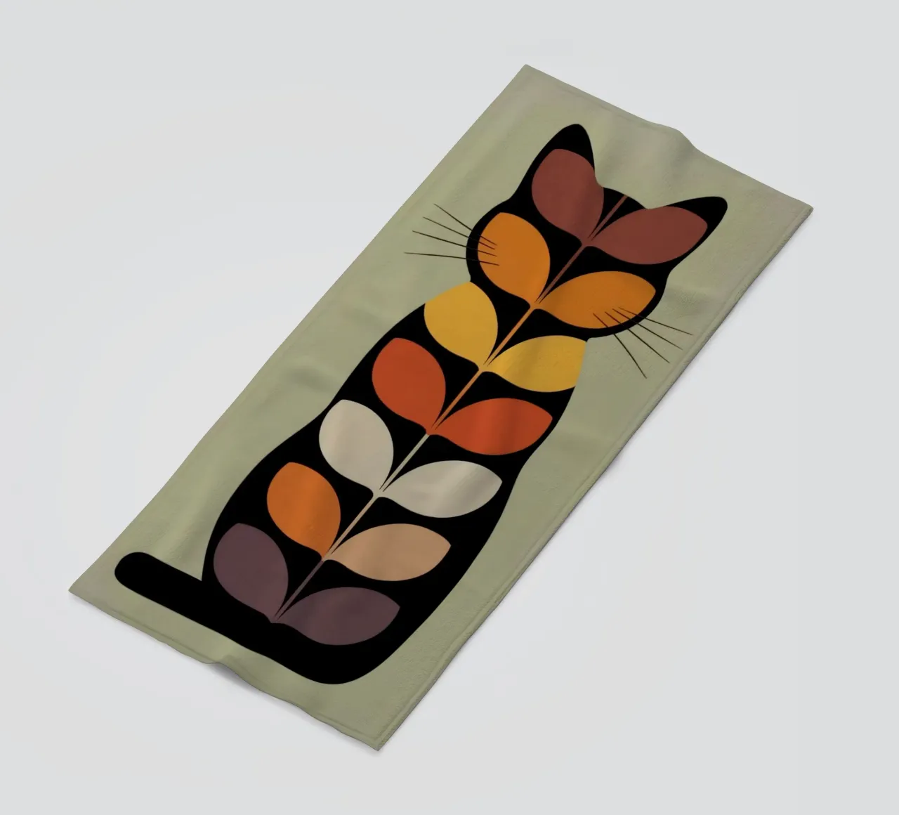 Whiskers of Autumn – Retro Leaf Cat Illustration telo mare da 20 Farben