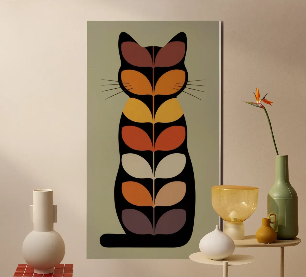 Whiskers of Autumn – Retro Leaf Cat Illustration alluminio dibond da 20 Farben
