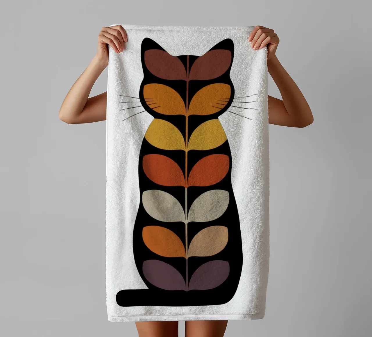 Autumn Cat – Retro Leaf Cat Illustration asciugamano da bagno da 20 Farben
