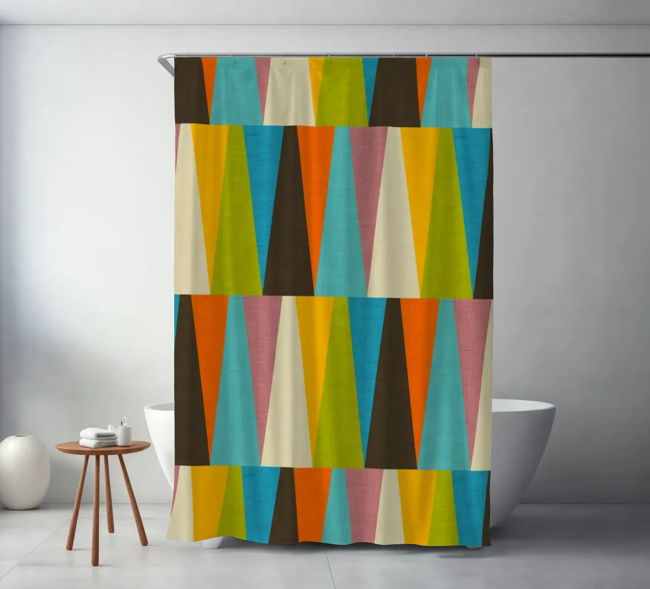 Retro Color Block Triangle Color Happy shower curtain by susanacosta