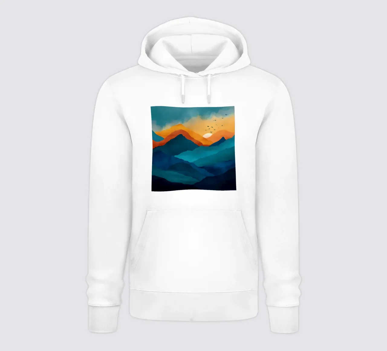 Abstract Mountain Art Print with Sunset and Birds felpa con cappuccio da Dune