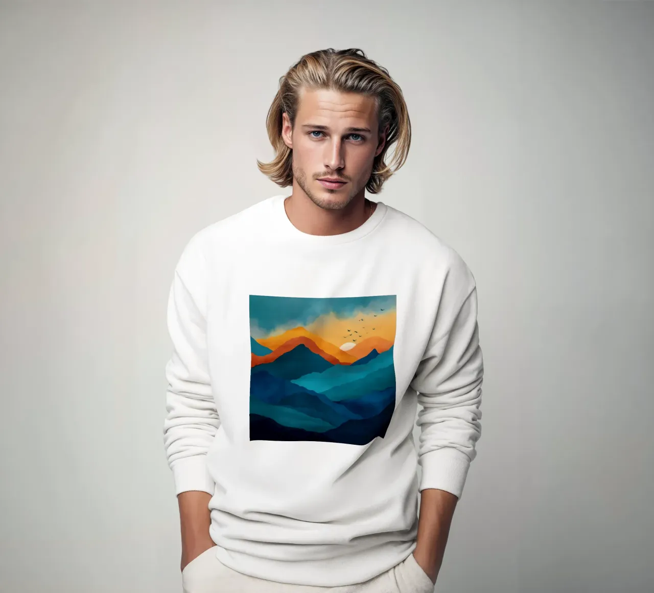 Abstract Mountain Art Print with Sunset and Birds felpa da Dune