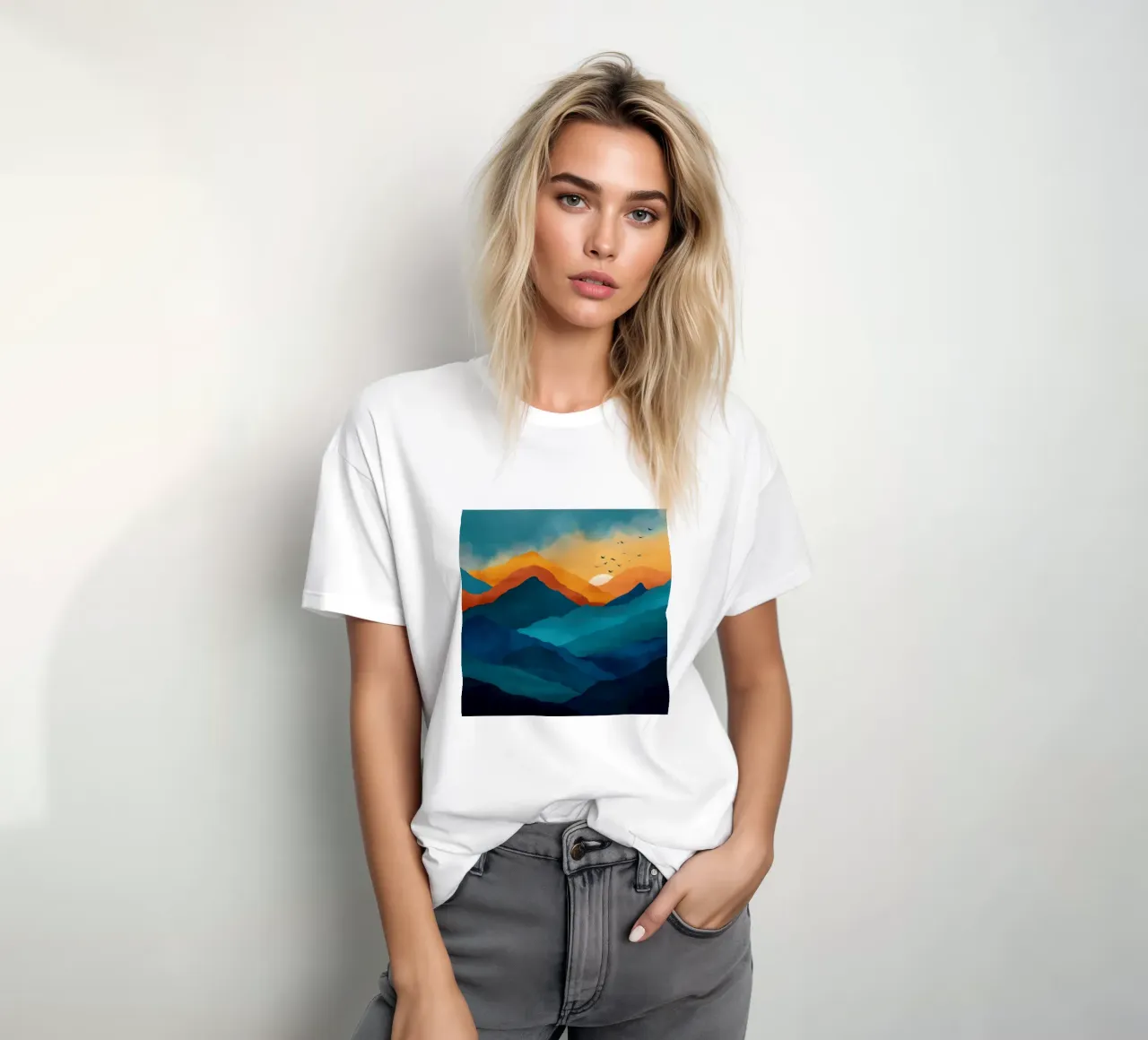 Abstract Mountain Art Print with Sunset and Birds t-shirt da Dune