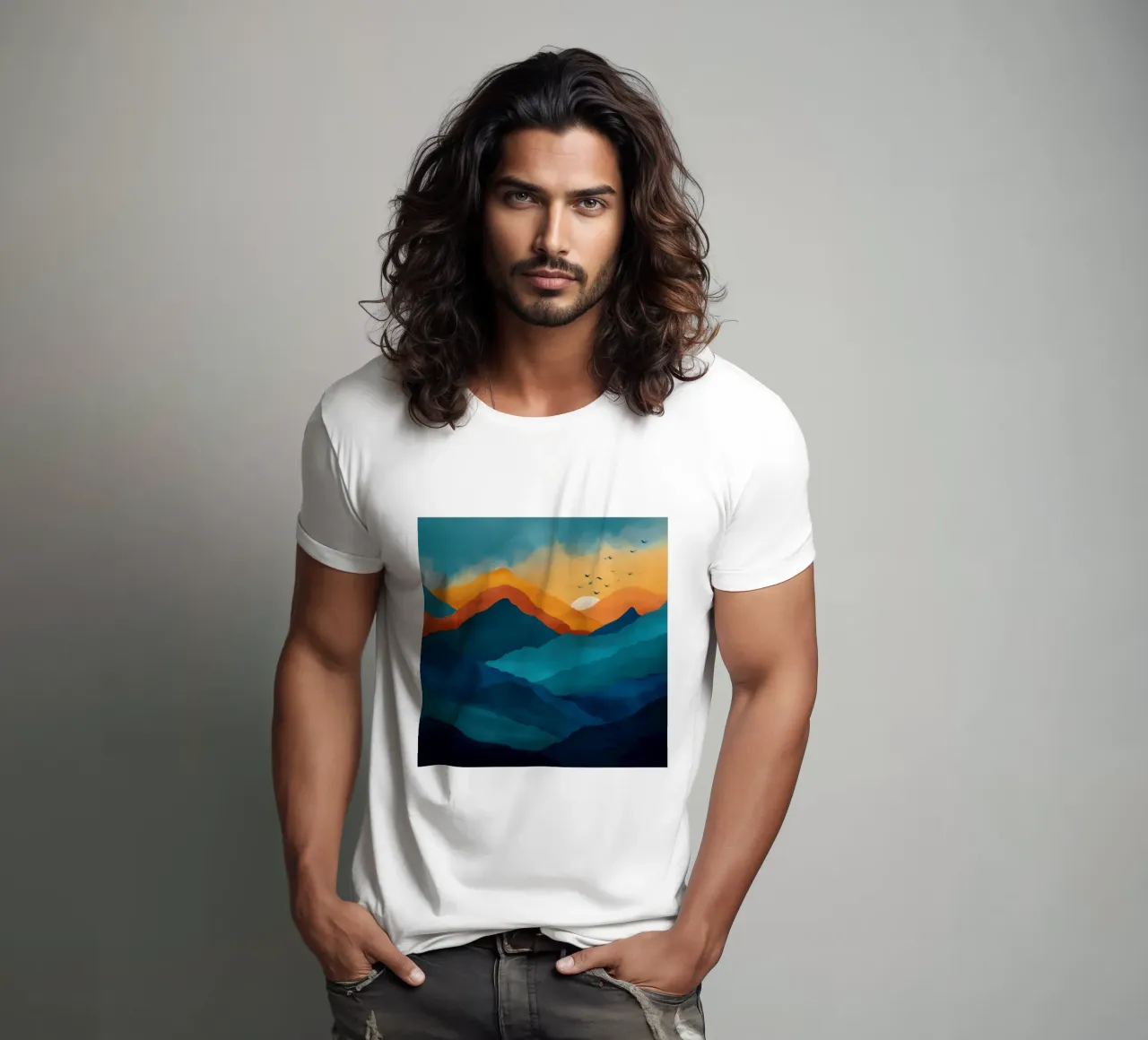 Abstract Mountain Art Print with Sunset and Birds t-shirt da Dune