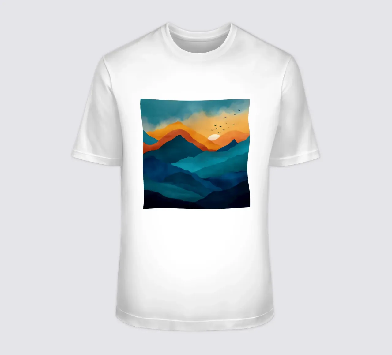 Abstract Mountain Art Print with Sunset and Birds t-shirt da Dune