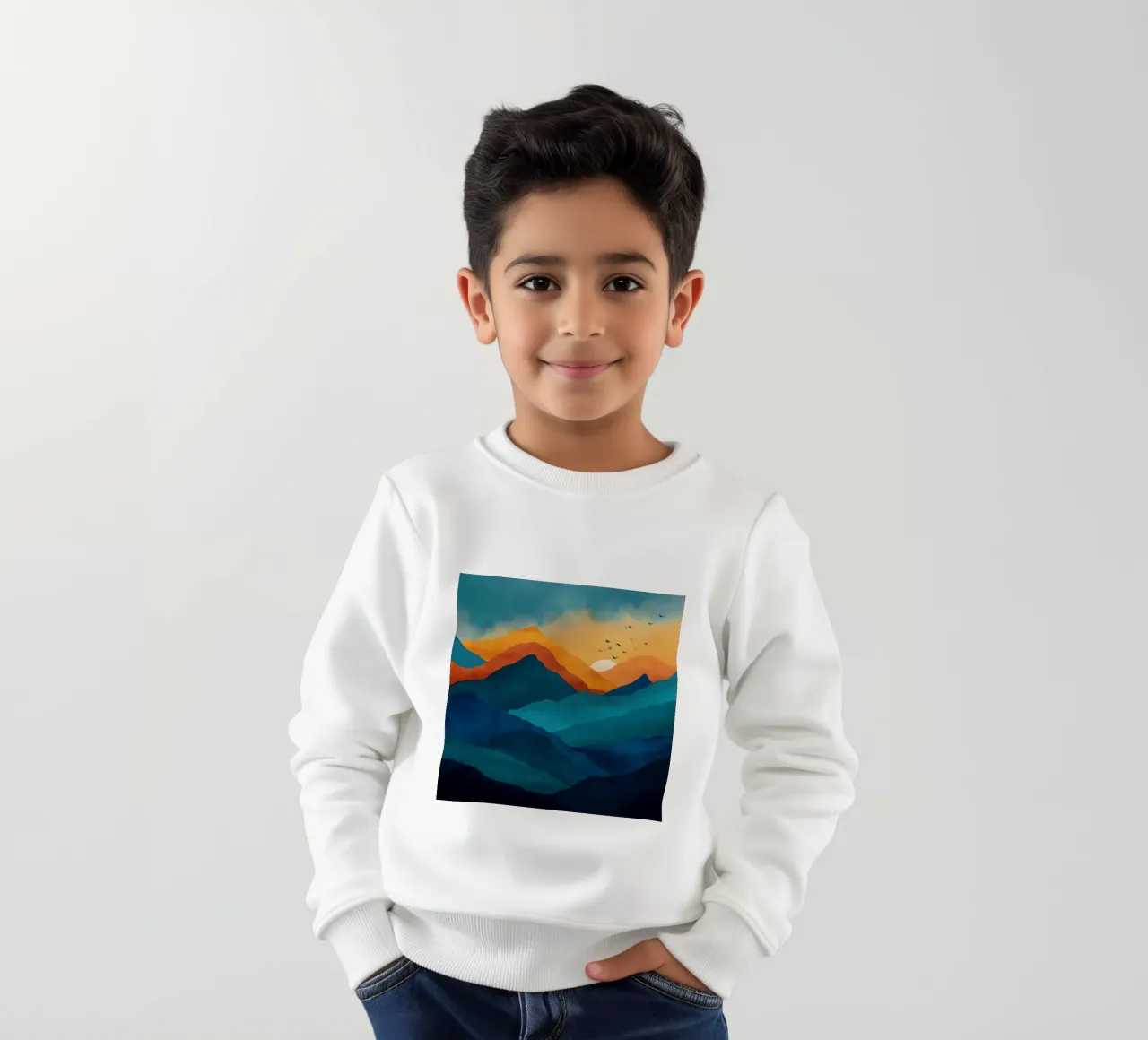 Abstract Mountain Art Print with Sunset and Birds felpa bambino da Dune