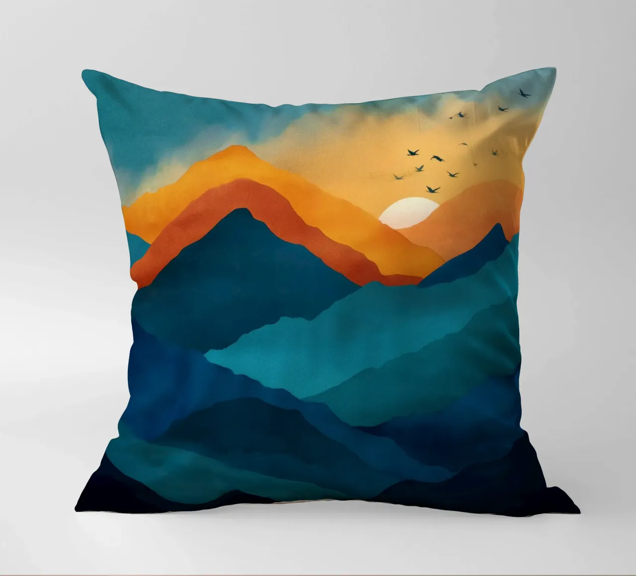 Abstract Mountain Art Print with Sunset and Birds cuscino da Dune
