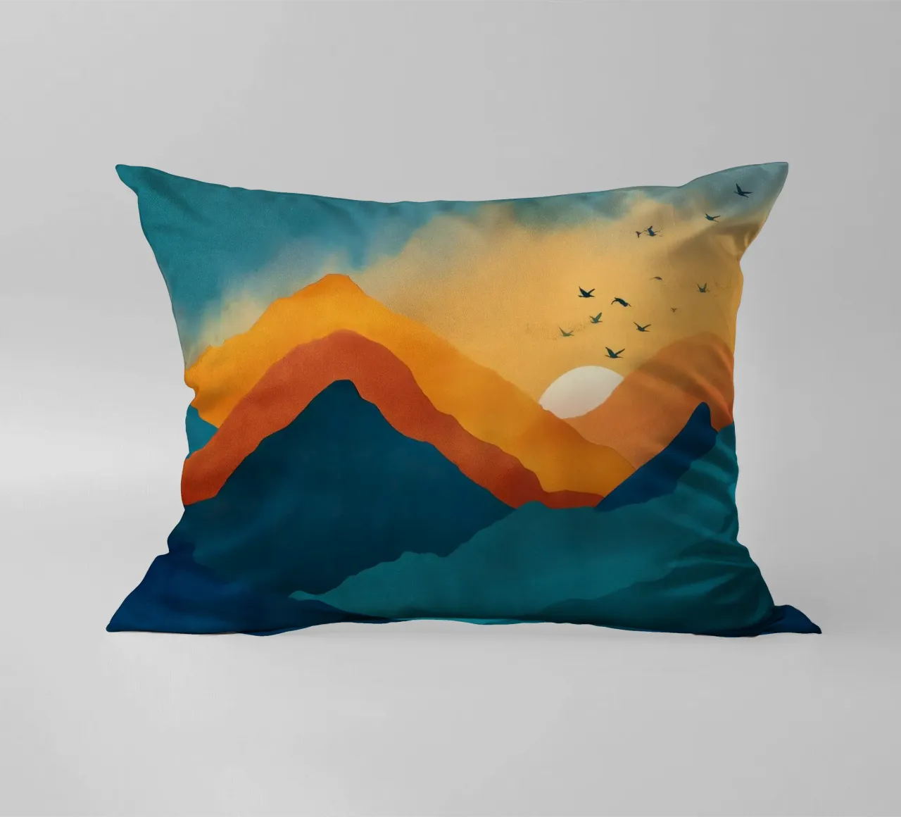 Abstract Mountain Art Print with Sunset and Birds cuscino da Dune