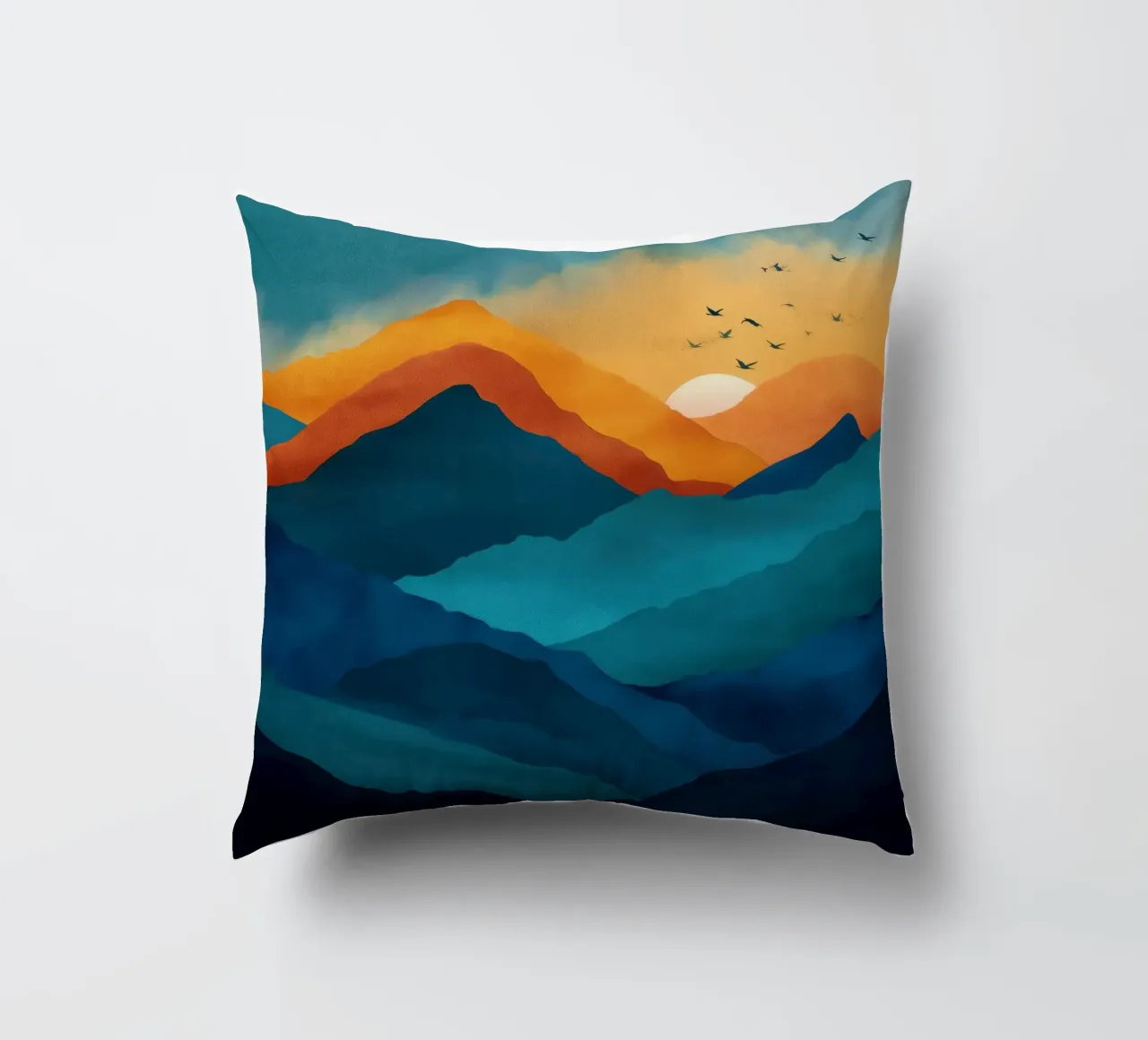 Abstract Mountain Art Print with Sunset and Birds cuscino da Dune