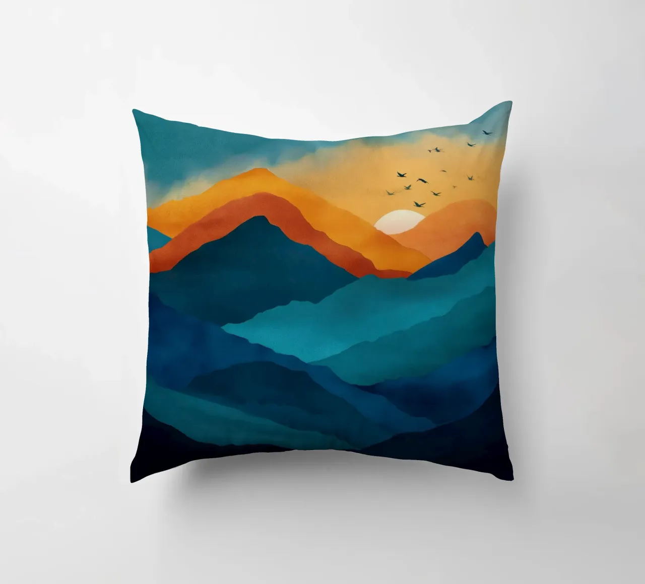 Abstract Mountain Art Print with Sunset and Birds cuscino da Dune