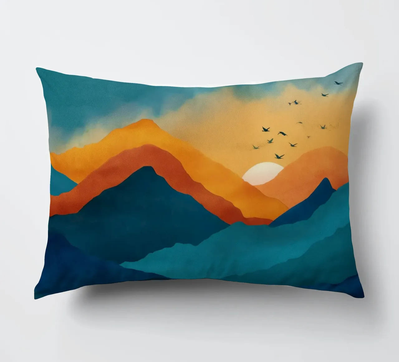Abstract Mountain Art Print with Sunset and Birds cuscino da Dune