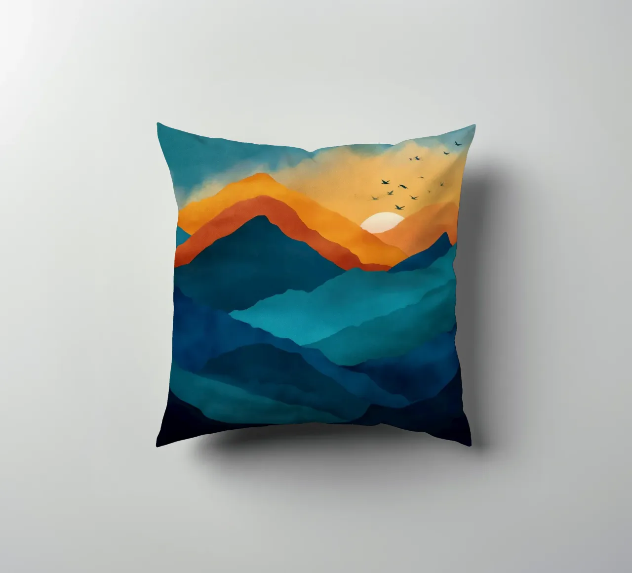 Abstract Mountain Art Print with Sunset and Birds cuscino da Dune