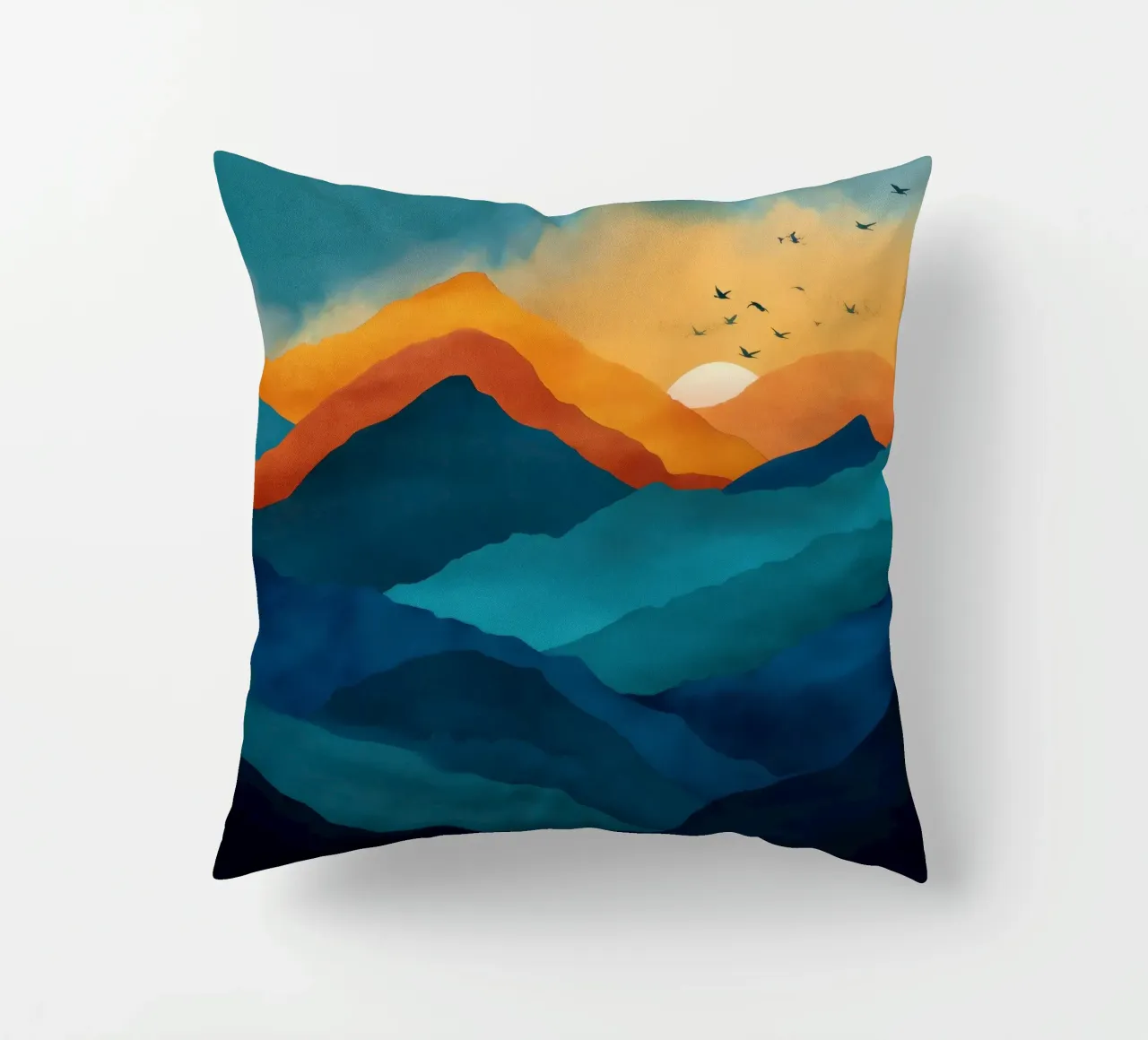 Abstract Mountain Art Print with Sunset and Birds cuscino da Dune