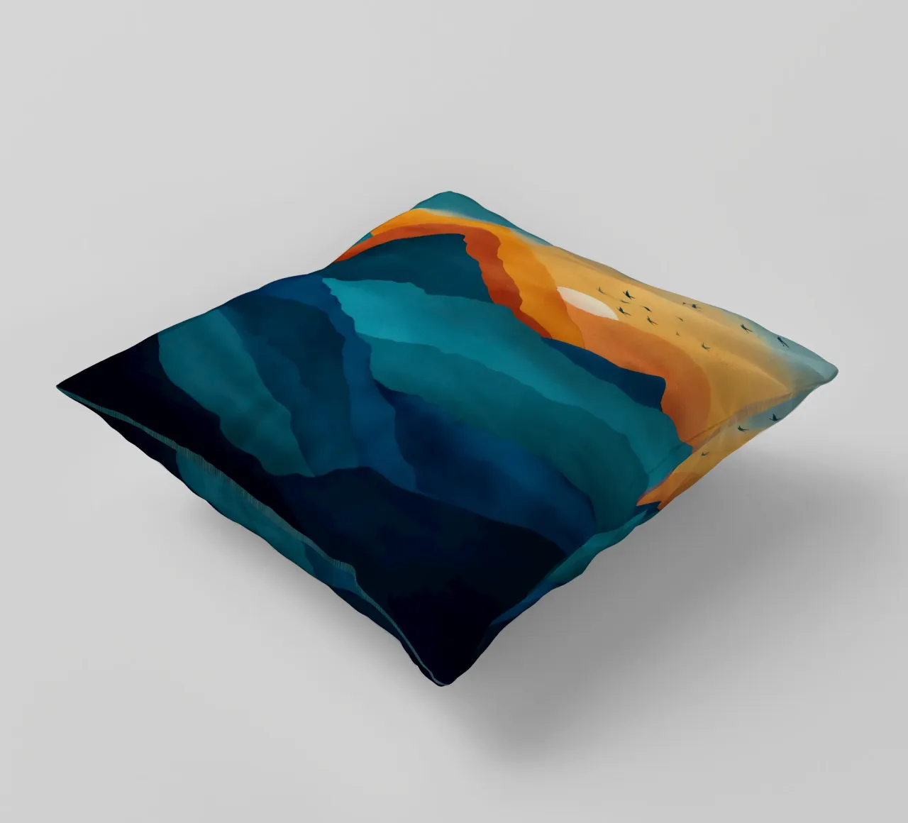 Abstract Mountain Art Print with Sunset and Birds cuscino da Dune