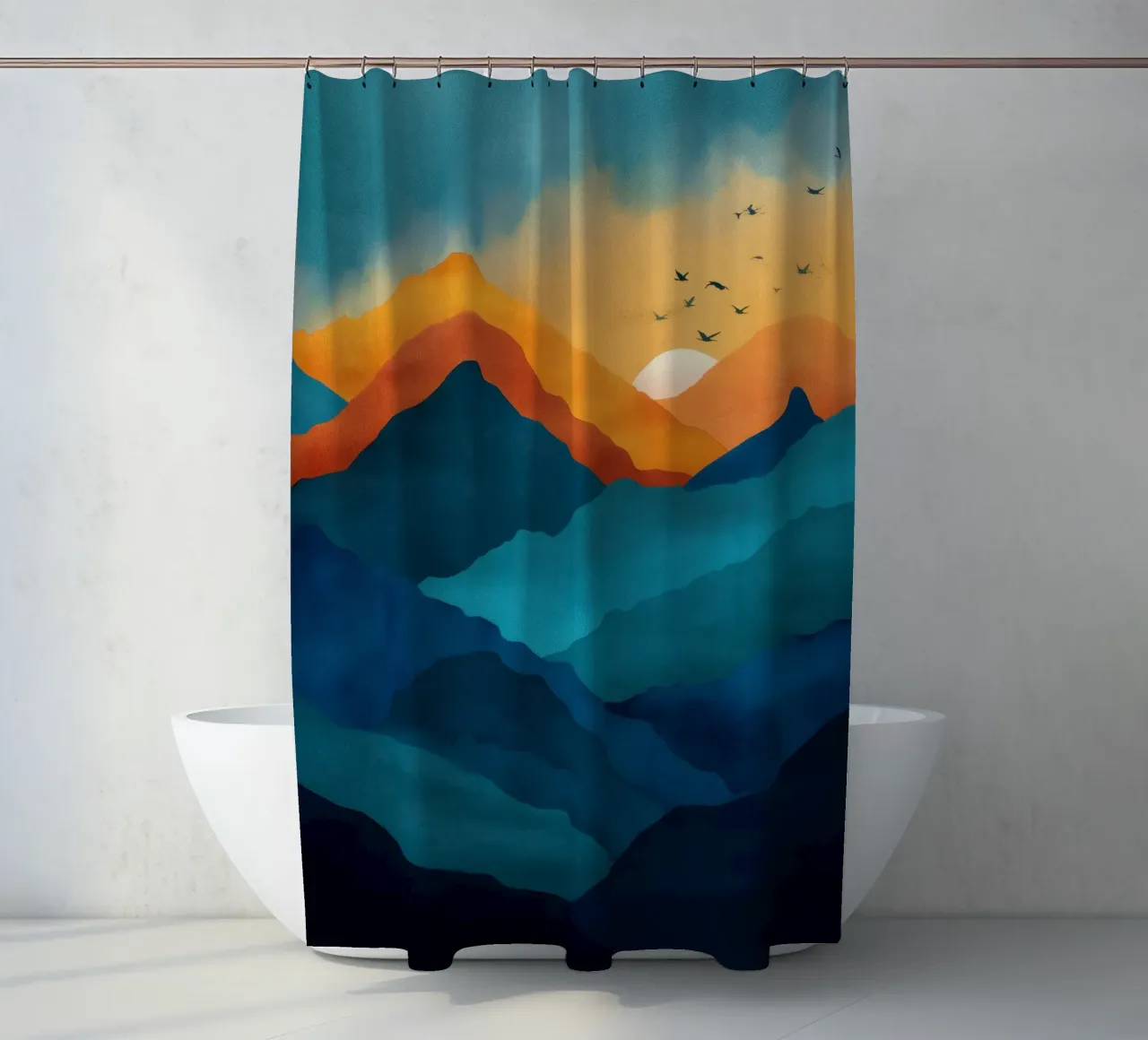 Abstract Mountain Art Print with Sunset and Birds tenda da doccia da Dune