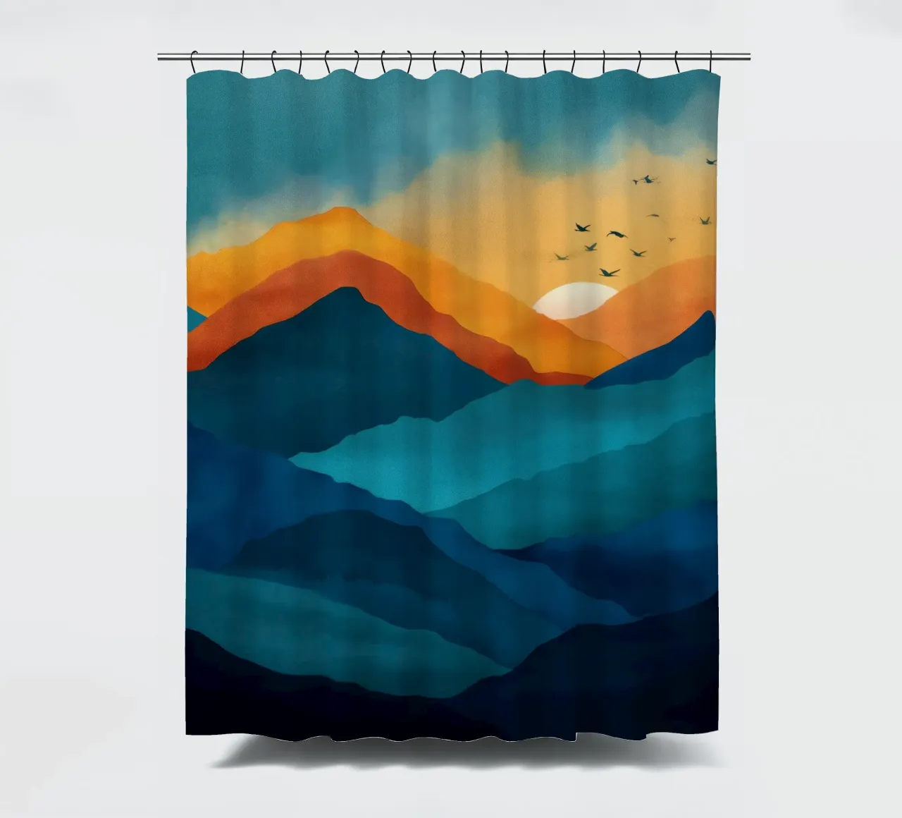 Abstract Mountain Art Print with Sunset and Birds tenda da doccia da Dune