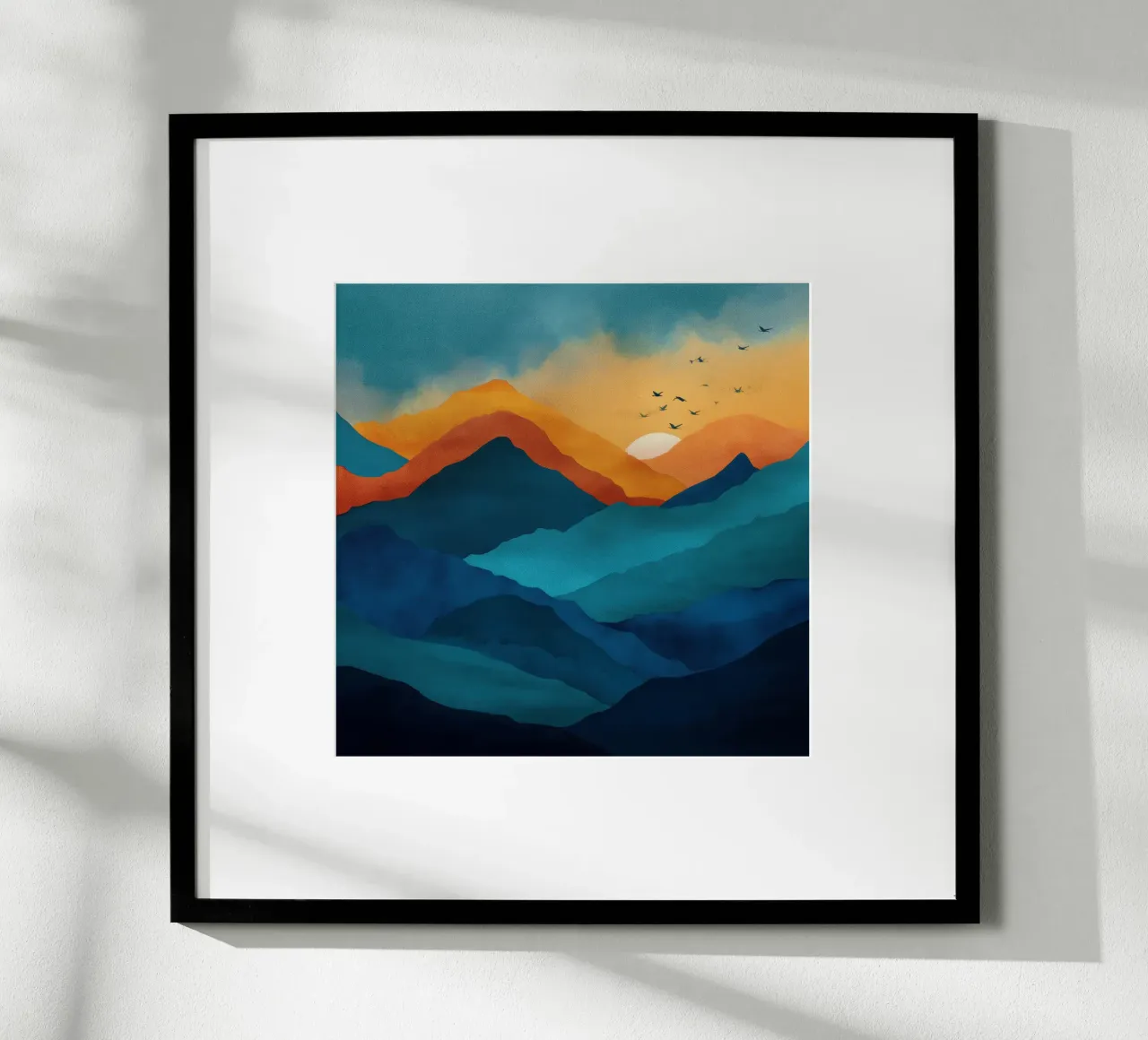 Abstract Mountain Art Print with Sunset and Birds carta hahnemühle da Dune