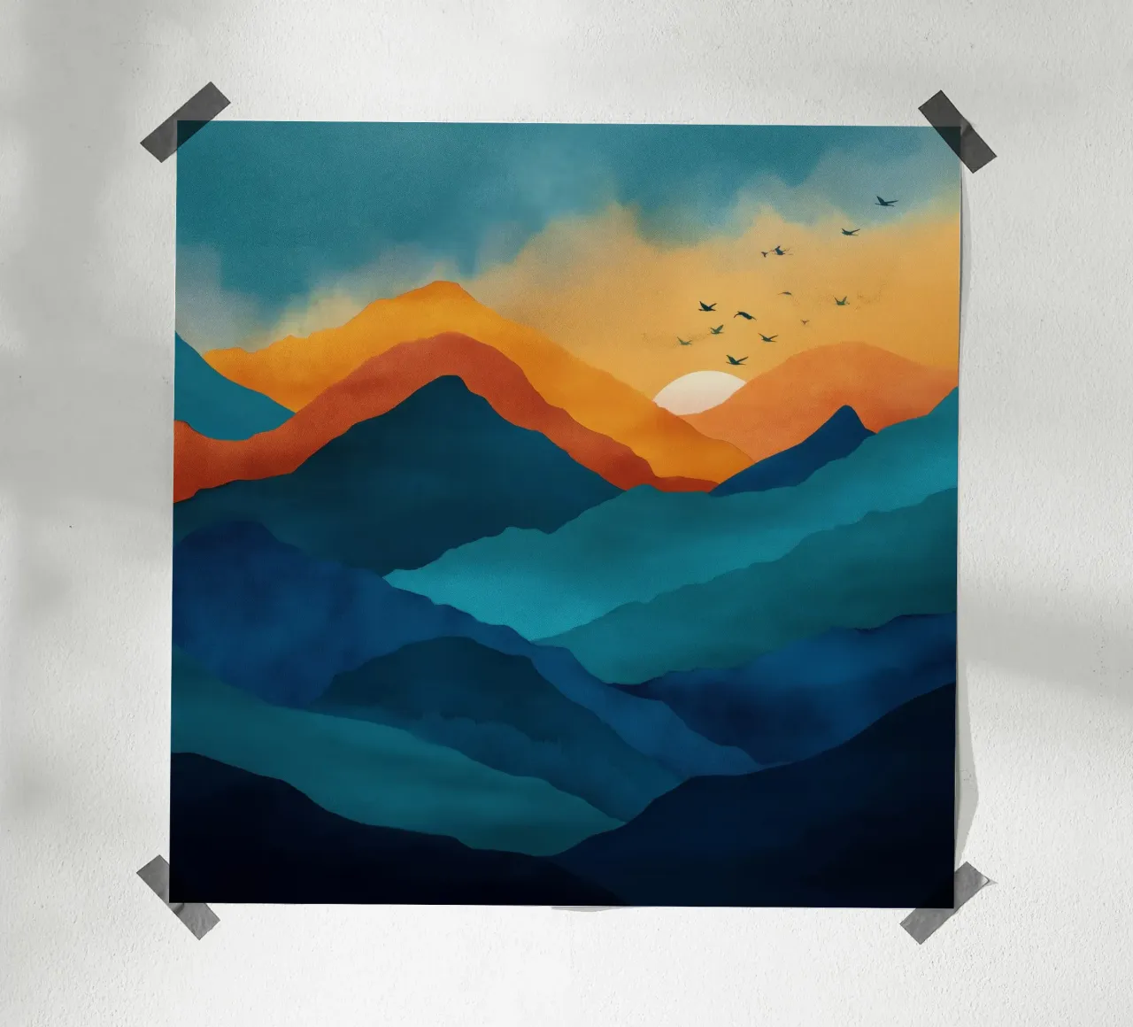 Abstract Mountain Art Print with Sunset and Birds carta hahnemühle da Dune