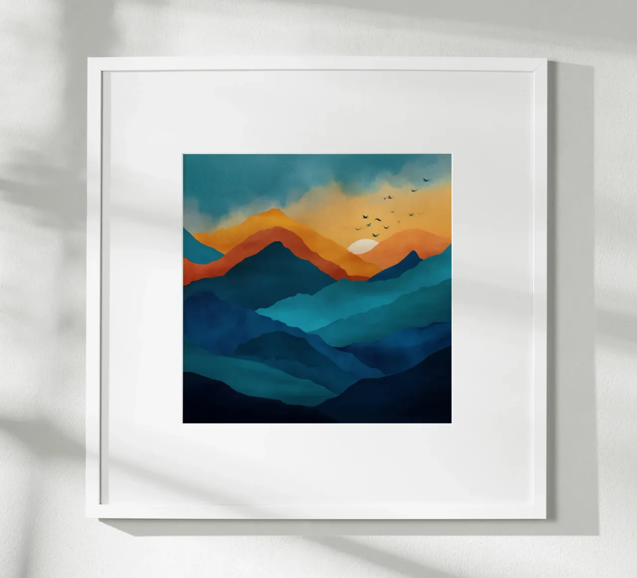 Abstract Mountain Art Print with Sunset and Birds carta hahnemühle da Dune