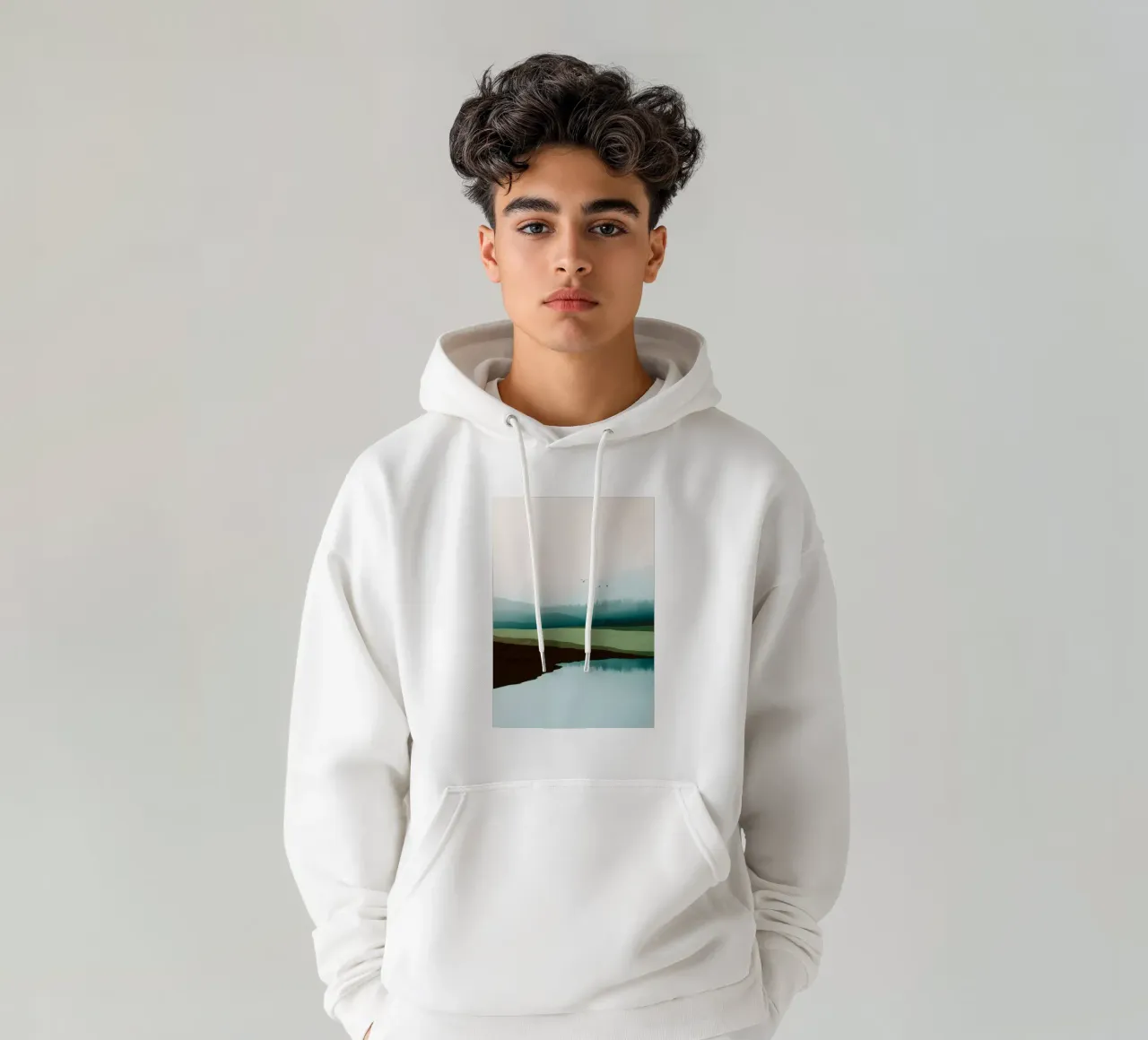 Soft Sky Over Misty Hills Reflected in a Calm Quiet Lake felpa con cappuccio da Dune