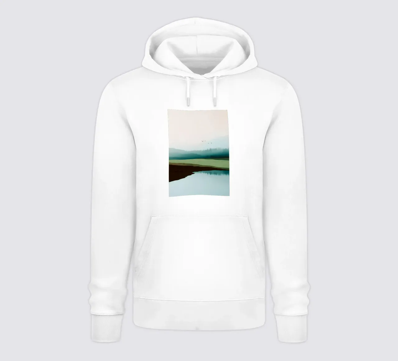 Soft Sky Over Misty Hills Reflected in a Calm Quiet Lake felpa con cappuccio da Dune