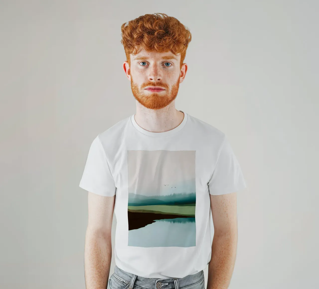 Soft Sky Over Misty Hills Reflected in a Calm Quiet Lake t-shirt da Dune
