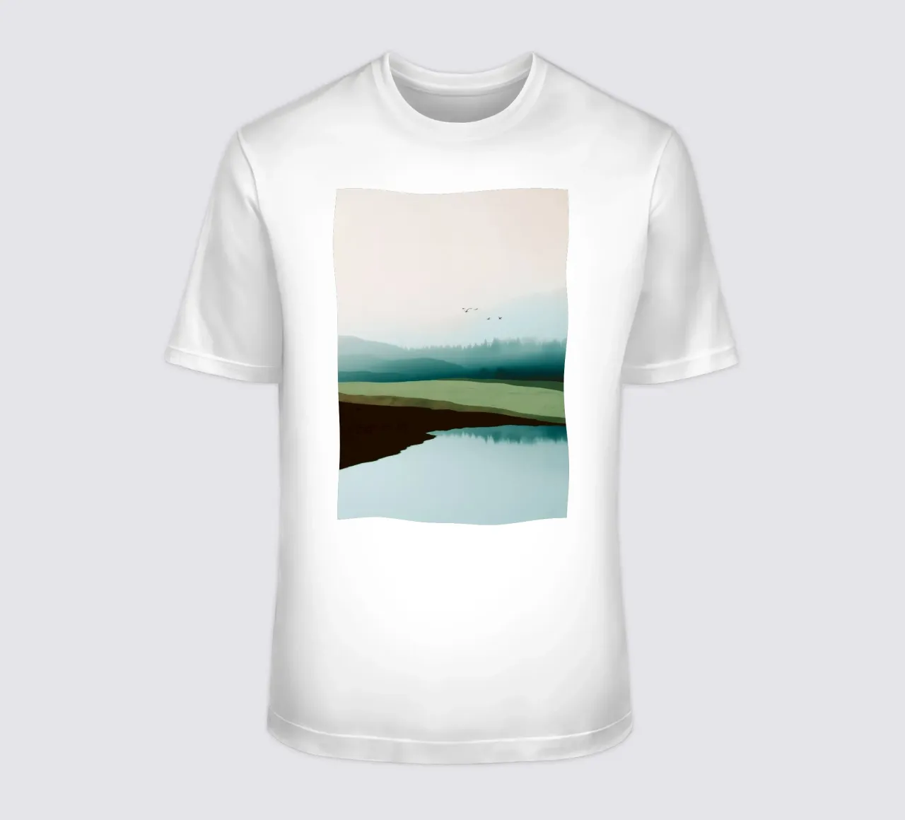 Soft Sky Over Misty Hills Reflected in a Calm Quiet Lake t-shirt da Dune