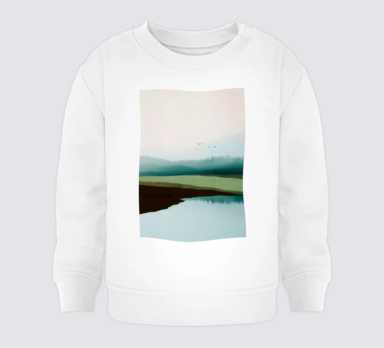 Soft Sky Over Misty Hills Reflected in a Calm Quiet Lake felpa neonato da Dune