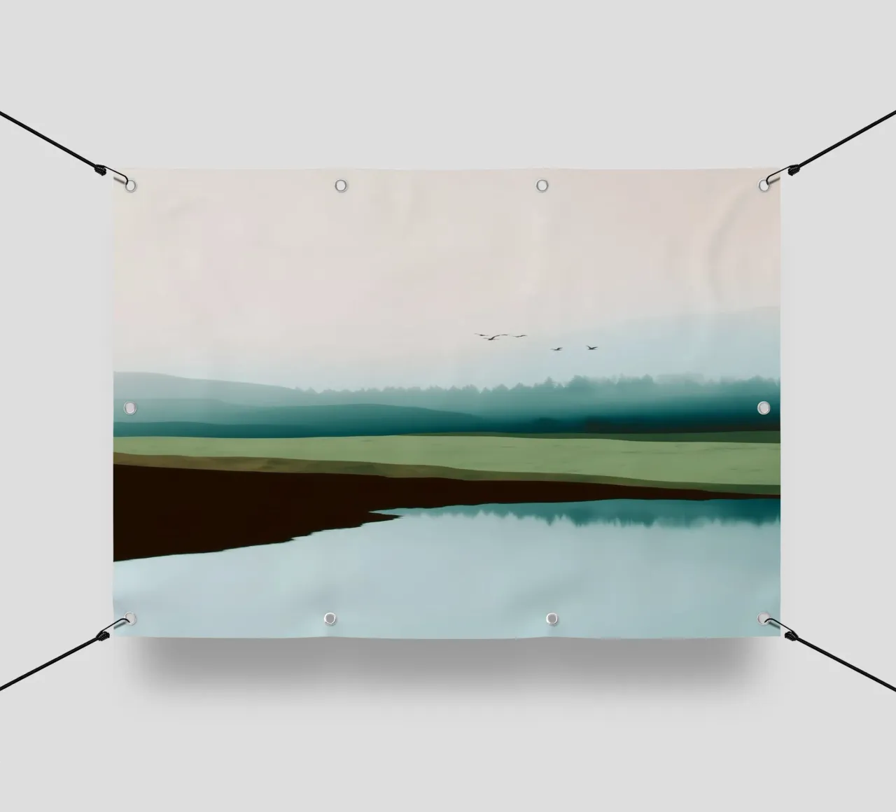 Soft Sky Over Misty Hills Reflected in a Calm Quiet Lake telo in pvc da Dune