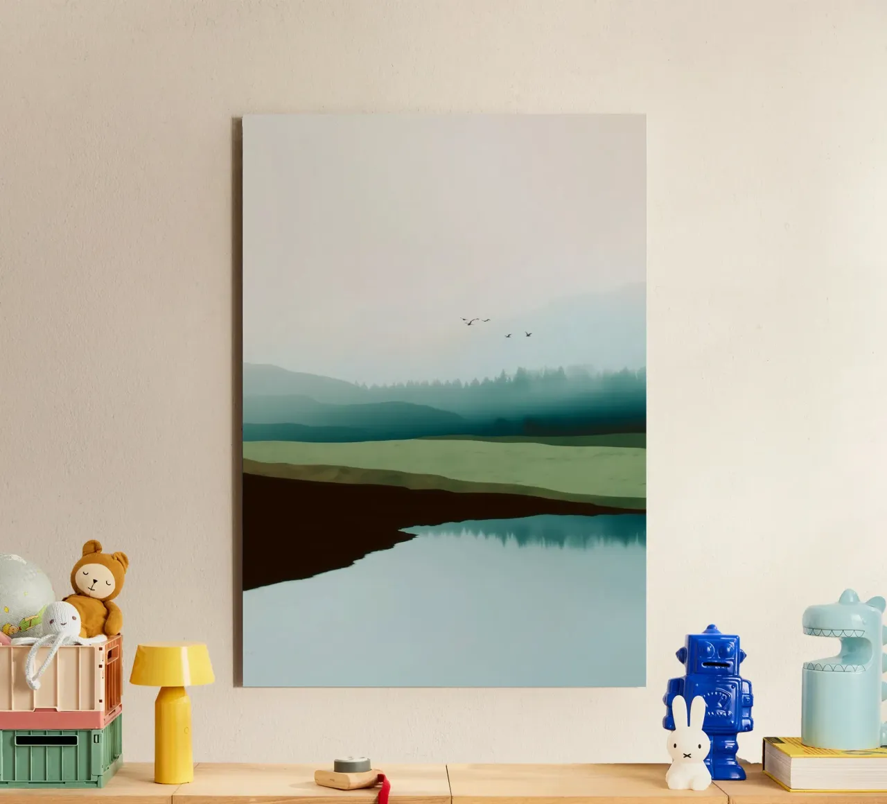 Soft Sky Over Misty Hills Reflected in a Calm Quiet Lake alluminio dibond da Dune