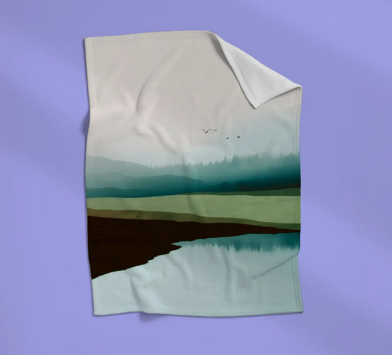 Soft Sky Over Misty Hills Reflected in a Calm Quiet Lake coperta in pile da Dune