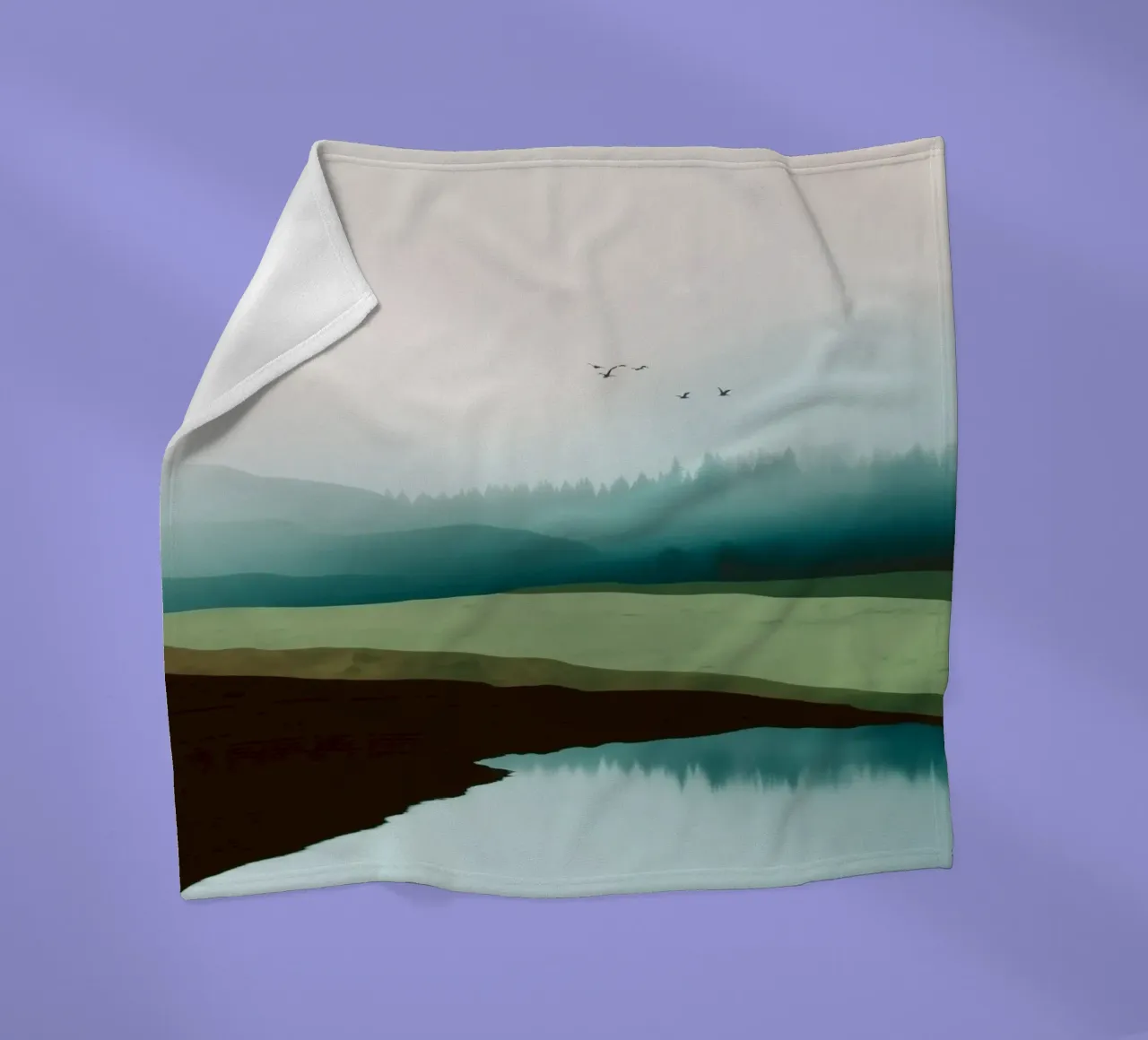 Soft Sky Over Misty Hills Reflected in a Calm Quiet Lake coperta in pile da Dune