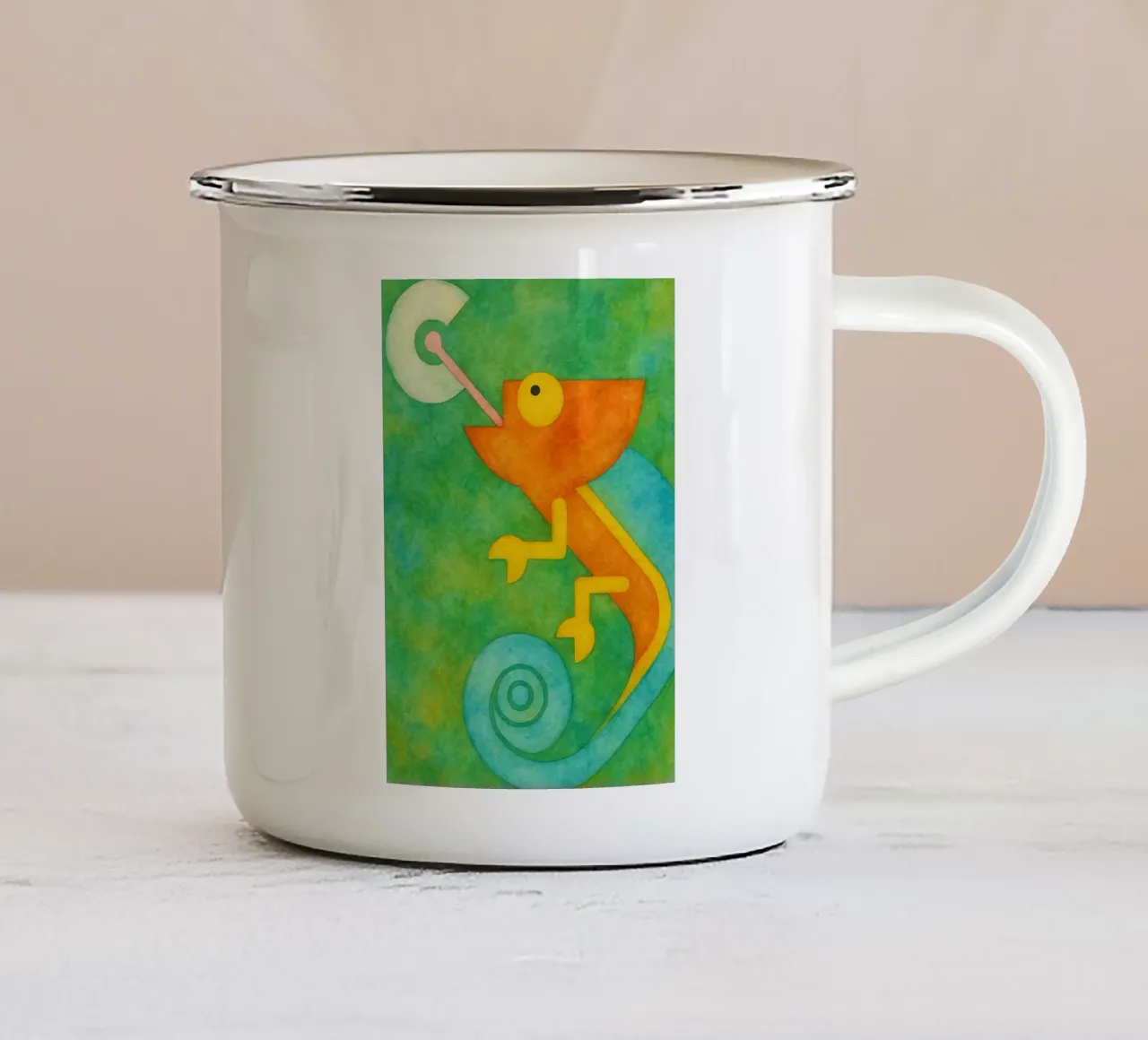 kameleon abstracte tekening emaille mok van bougenfille