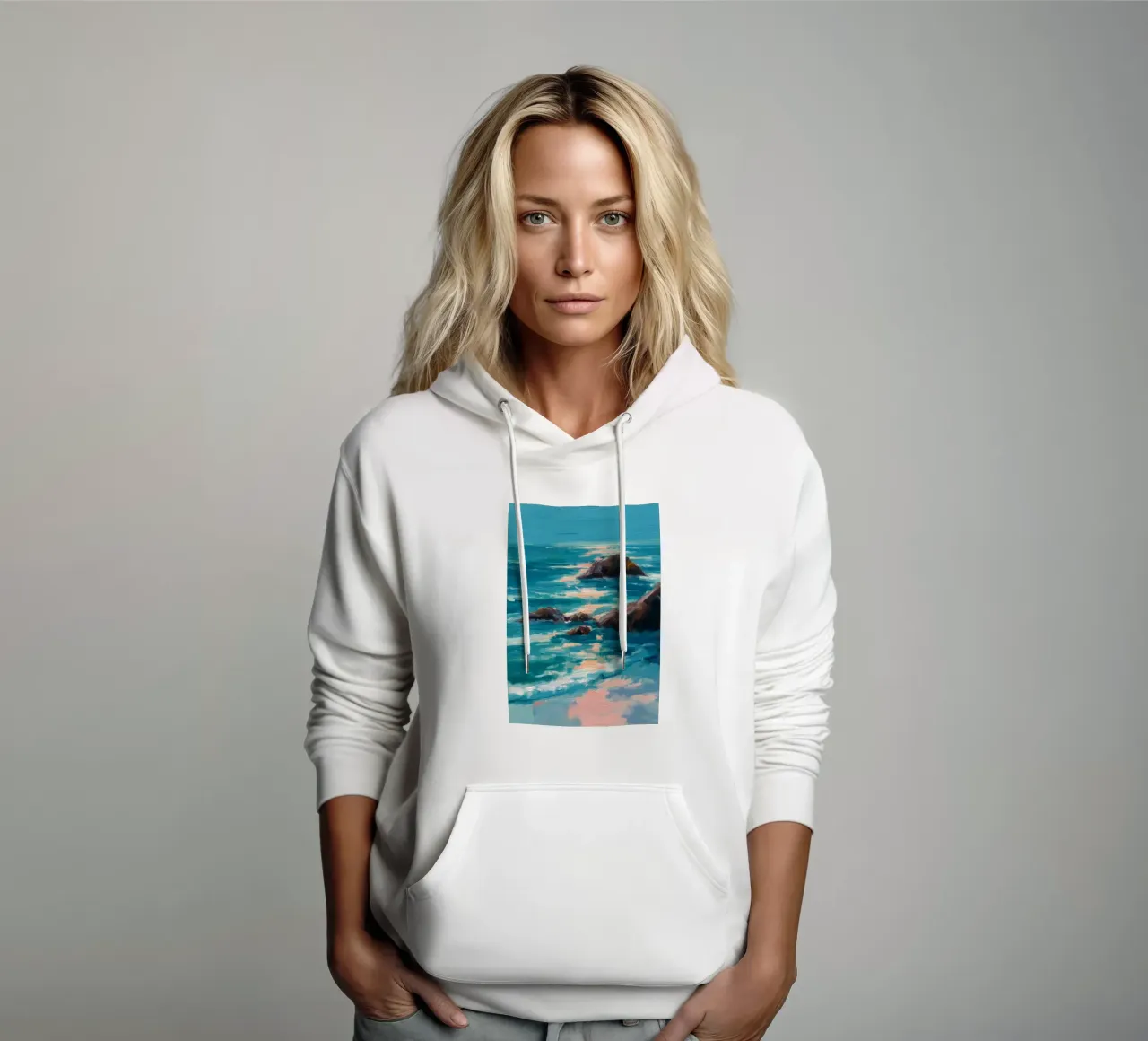 Serene Coastal Scene with Waves Crashing on Rocky Shore felpa con cappuccio da Dune