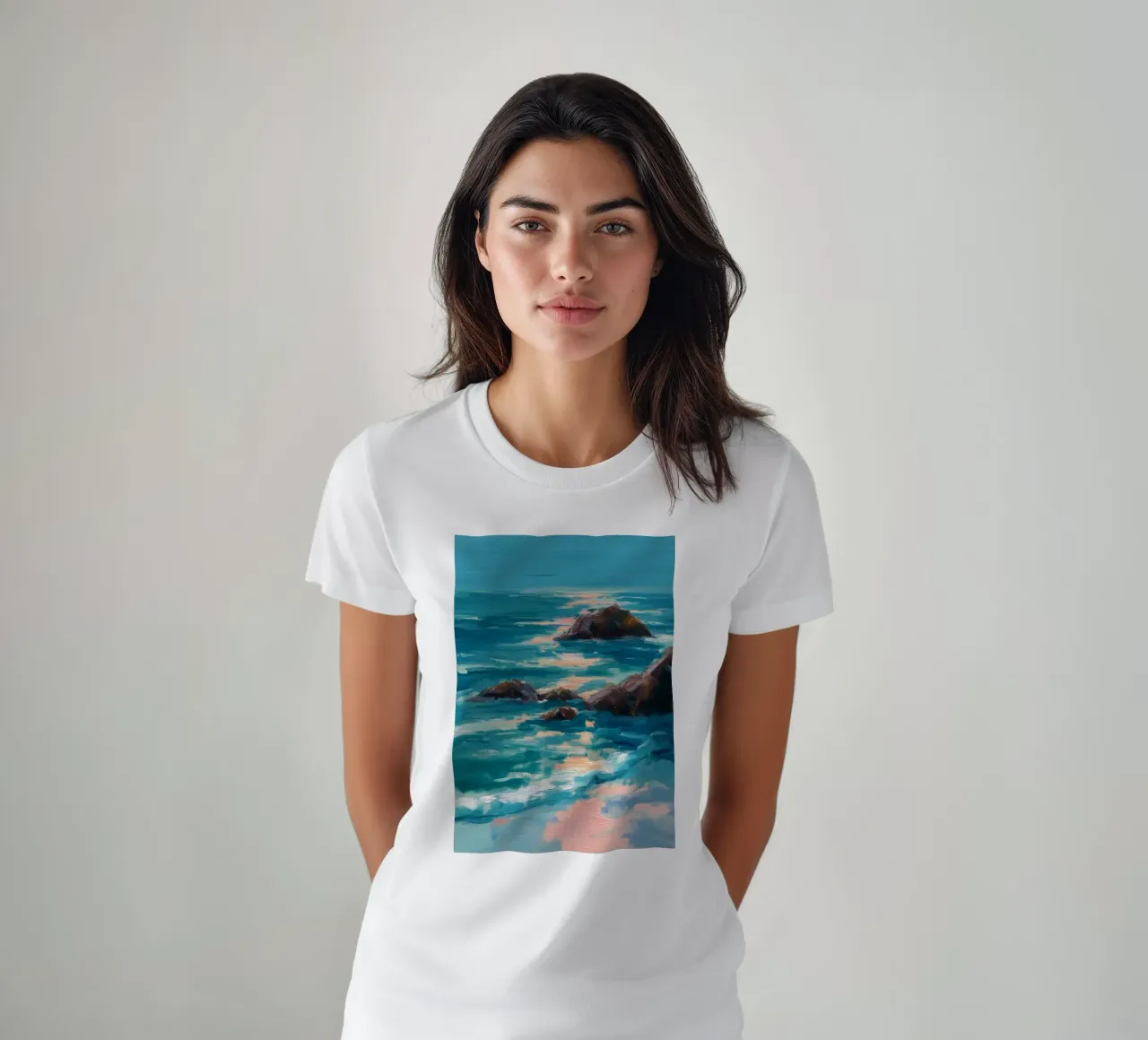 Serene Coastal Scene with Waves Crashing on Rocky Shore t-shirt da Dune