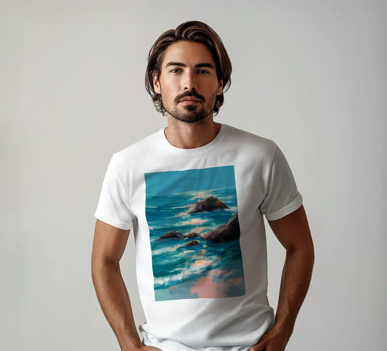 Serene Coastal Scene with Waves Crashing on Rocky Shore t-shirt da Dune