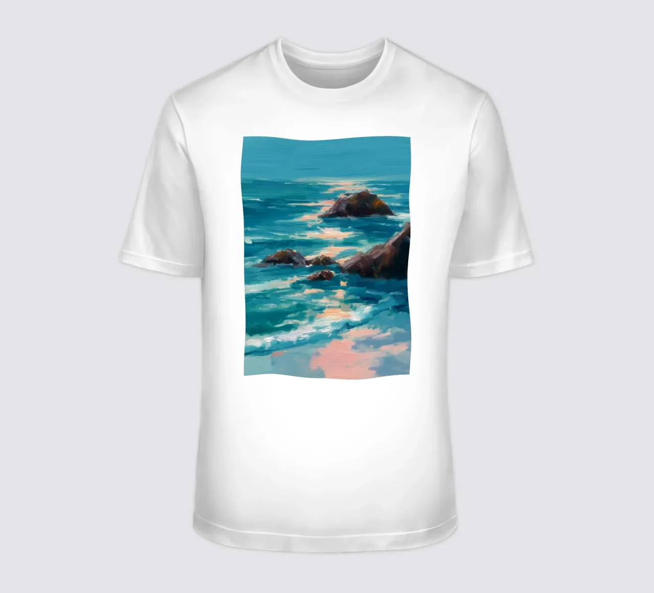 Serene Coastal Scene with Waves Crashing on Rocky Shore t-shirt da Dune